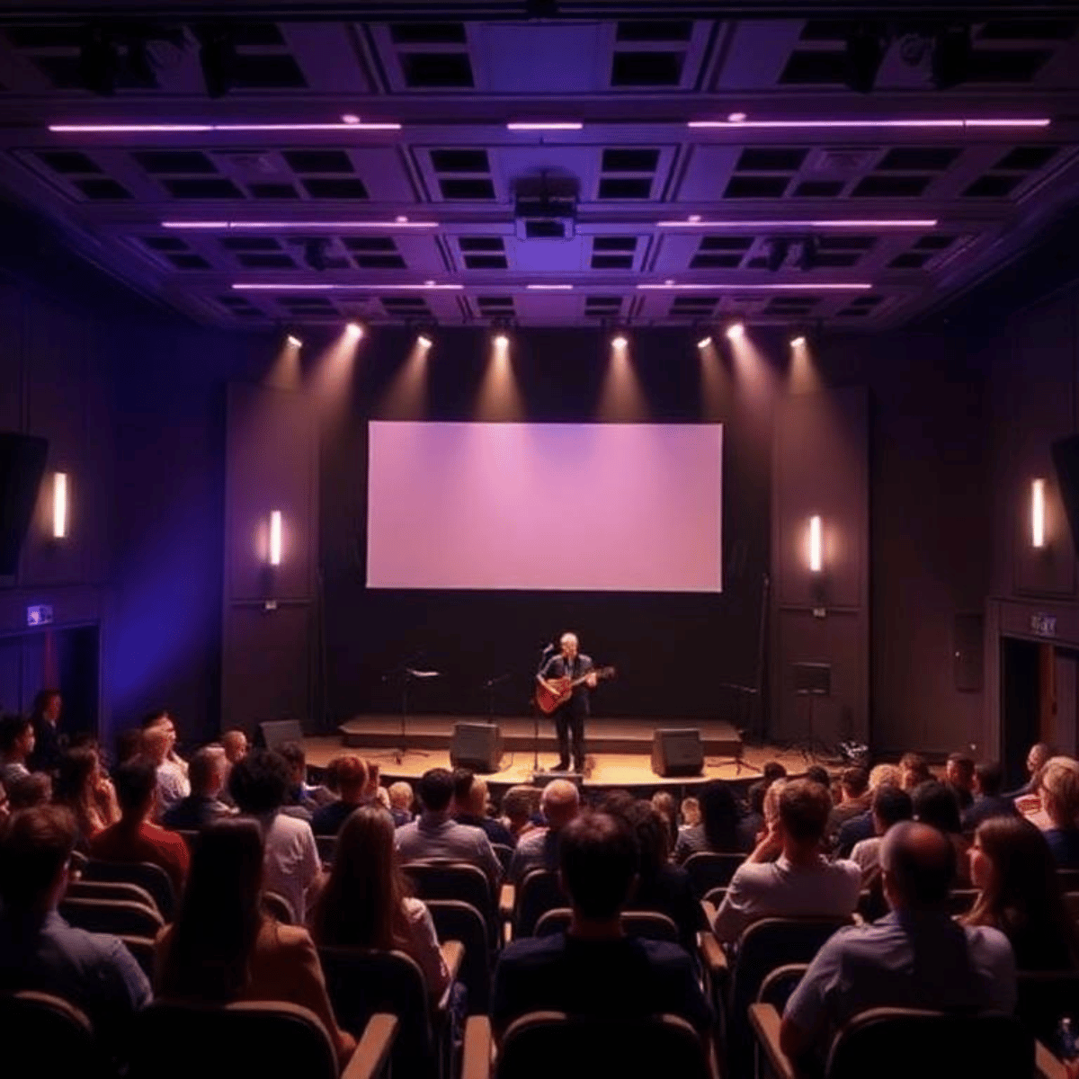 Silueta de comediante en escenario con telón rojo